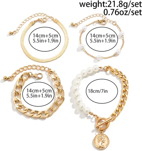 Miniatura 4 de NUTNET Conjunto de 4 piezas Sweet Cool Multi Retrato Imitación Perla Pulsera Set Cadena Personalizada Mujer Handwear, Gema, Cobre