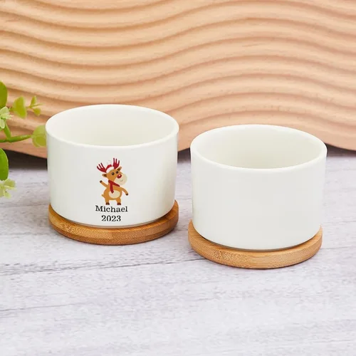 Miniatura 5 de Maceta de Navidad personalizada con nombre de bebé, macetas divertidas de ciervos de Navidad, maceta de cerámica para suculentas con bandeja
