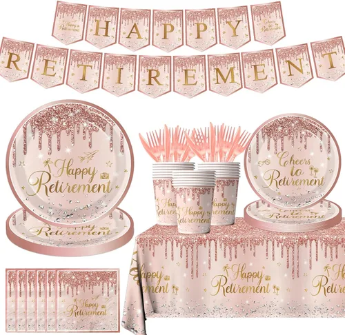142 piezas de decoraciones de fiesta de jubilación de oro rosa para mujeres, platos desechables de feliz jubilación, servilletas, vasos, mantel,