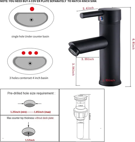 Miniatura 2 de Grifo de baño negro con una sola manija, un agujero, 1 o 3 agujeros, instalación de 4 pulgadas, acero inoxidable, grifo de tocador de baño a juego