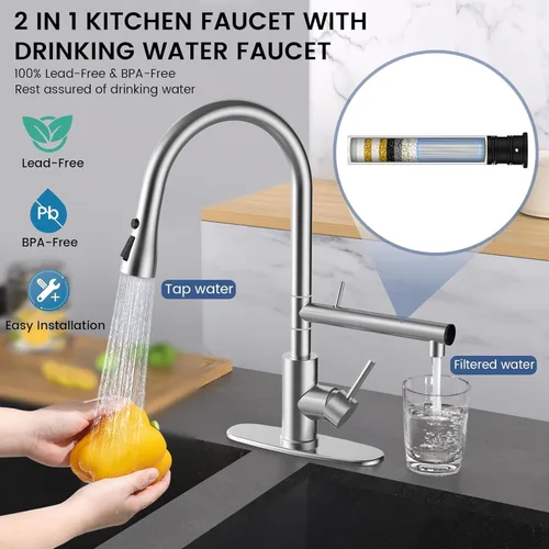 Miniatura 2 de FEELSO Grifos de cocina, grifo de cocina con filtro de agua mejorado con rociador desplegable, acero inoxidable níquel cepillado arco alto grifo
