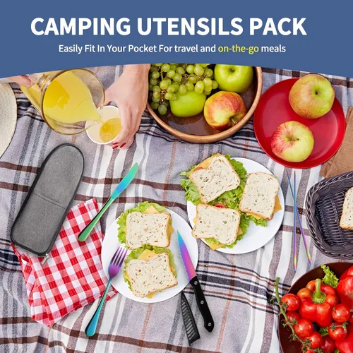 Miniatura 3 de Logcow Utensilios de viaje con estuche, utensilios reutilizables, juego de cubiertos portátiles de viaje para camping, juego de cubiertos de acero