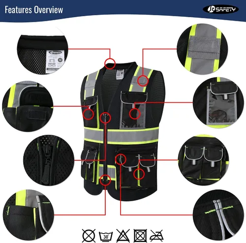 Miniatura 4 de JKSafety Chaleco de seguridad de malla con 10 bolsillos con cuello acolchado, chaleco Hi Vis, cintas reflectantes con tiras amarillas neón Negro