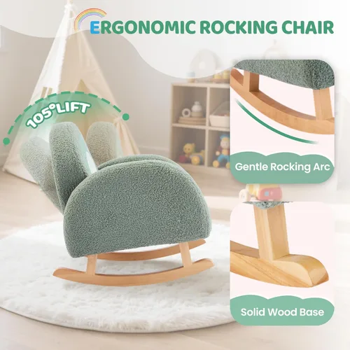 Miniatura 5 de JOYMOR Silla para niños, mecedora de forro polar con patas de madera maciza, diseño antipuntas, sofá infantil para guardería, sala de juegos, verde