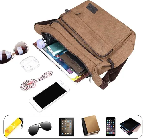Miniatura 7 de JAKAGO Bolsa de mensajero de lona de 13 pulgadas con múltiples bolsillos, bolsa cruzada para uso diario, bolsa para viajes de negocios