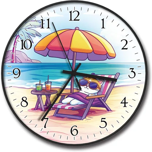 Miniatura 13 de Reloj de pared de plástico de 8 pulgadas con pilas, reloj de pared redondo decorativo, reloj de pared silencioso, patrón de gato 2269-Three Cat