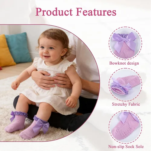 Miniatura 4 de Calcetines para bebé niña con agarre antideslizante con volantes con lazos, algodón suave, calcetines con empuñaduras para bebé recién nacido