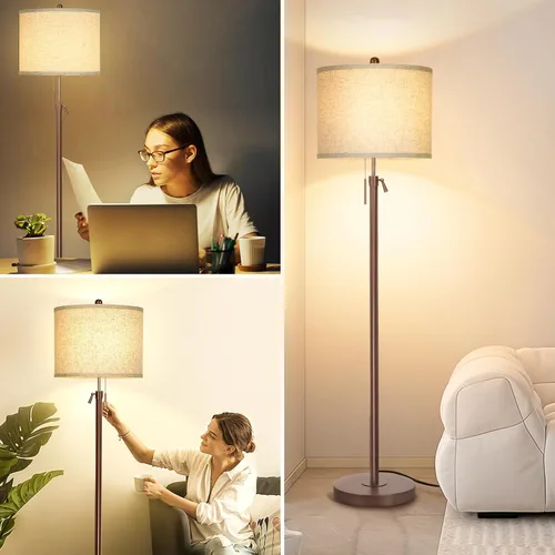 Miniatura 6 de Qingmiao Lámpara de pie de metal marrón para sala de estar, lámpara de pie de altura ajustable, luz de poste para dormitorio, con pantalla de lino