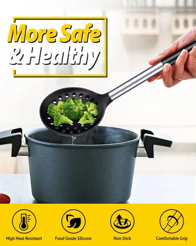 Miniatura 4 de Juego de 2 cucharones de cocina con ranuras grandes y resistentes al calor, sin BPA, antiadherentes, para escurrir y freír (negro y rojo)