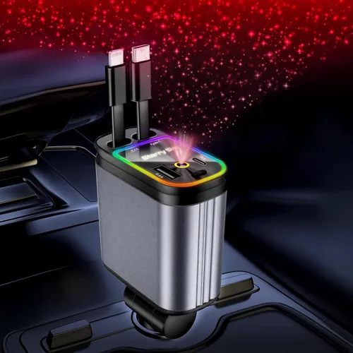 Cargador de Coche Retráctil, Cargador de Coche de Carga Rápida 4 en 1 Compatible con USB-C y USB-A para iPhone 16/15/14/13/12/11/X, Galaxy, Pixel