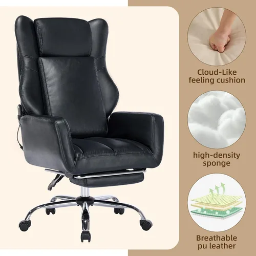 Miniatura 5 de DYHOME Silla de oficina de cuero negro con masaje y reposapiés, sillas de escritorio de trabajo resistentes, sillas de escritorio ergonómicas