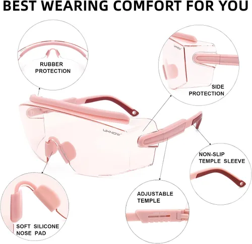 Miniatura 5 de UKNOW Anteojos de seguridad sobre lentes, gafas de seguridad antivaho protección ocular envolvente, gafas protectoras ANSI Z87.1 Rosa