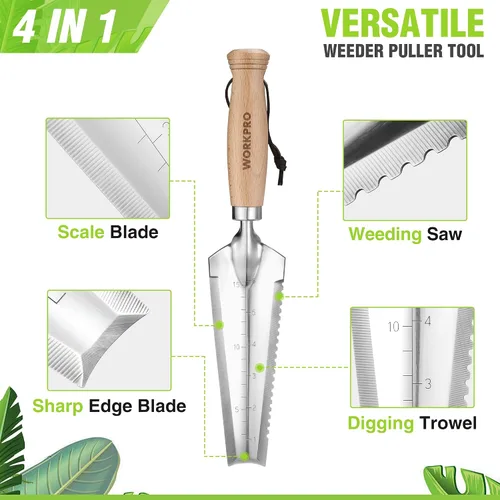 Miniatura 4 de WORKPRO Paleta de jardín con mango de madera, pala de mano estrecha de acero inoxidable, paleta de jardín plana multiusos para plantar, deshierbar