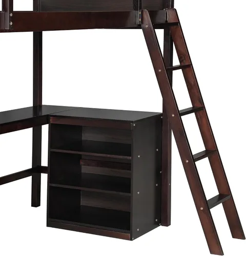Miniatura 7 de Harper & Bright Designs Cama tipo loft individual con escritorio y 3 estantes, marco de cama tipo loft de madera maciza con escalera en ángulo