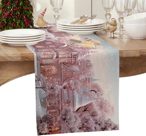 Miniatura 2 de Camino de mesa navideño de algodón y lino de 36 pulgadas, castillo de Navidad rosa, copo de nieve, decoración de invierno de temporada, caminos