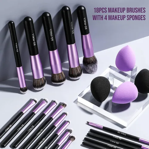 Miniatura 2 de BS-MALL Pinceles de maquillaje de alta calidad, base sintética, correctores de polvo, sombras de ojos, 18 piezas, juego de brochas con 4 esponjas