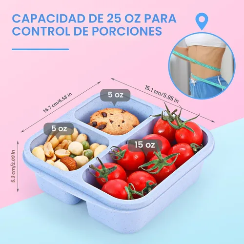 Miniatura 3 de Rinwoc Caja Bento [tamaño de la porción], paquete de 3 recipientes para aperitivos con 3 compartimentos para preparación de comidas y sobre