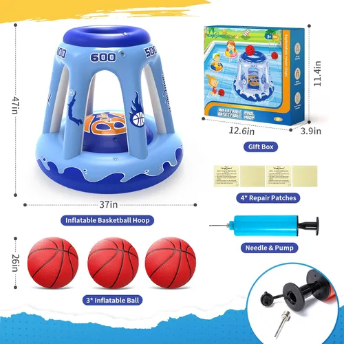 Miniatura 6 de EagleStone Aro inflable de baloncesto para niños y adultos, aro de baloncesto flotante de 47 pulgadas para piscina con 3 bolas, bomba, juego de agua
