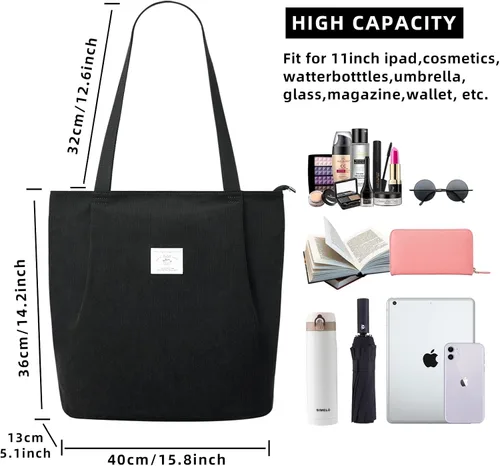 Miniatura 2 de KALIDI - Bolsa de pana para mujer, con cremallera, casual, de gran capacidad, con bolsillos