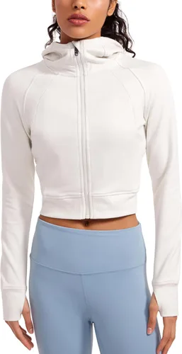CRZ YOGA Sudadera corta con capucha de forro polar con cremallera para mujer, para entrenamiento, atlética, casual, manga larga, con agujeros para