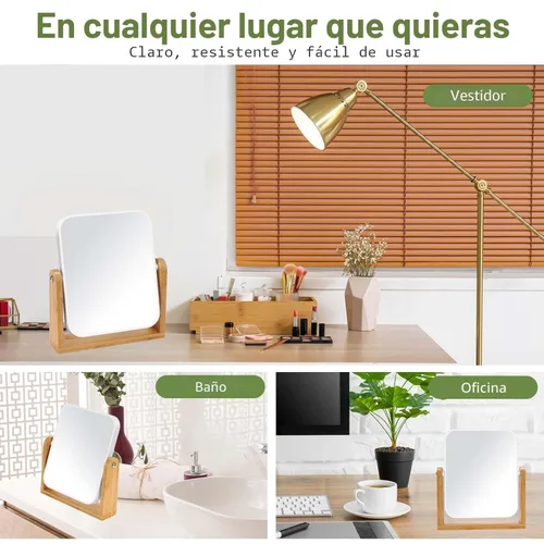 Miniatura 6 de LFOYOU Espejo de maquillaje de tocador con soporte de bambú natural, espejo de aumento giratorio de 360 grados de doble cara, espejo de maquillaje