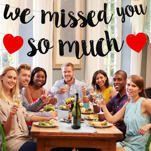 Miniatura 2 de Cartel de bienvenida para el hogar con texto en inglés "We Missed You So Much", con purpurina negra con texto en inglés "Happy Friendsgiving