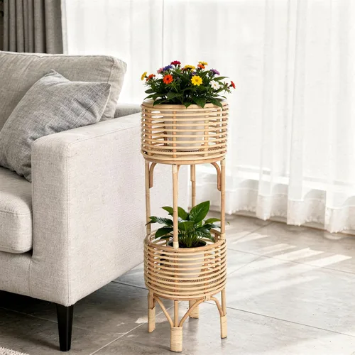 Miniatura 2 de KOUBOO Soporte para plantas de ratán de dos niveles, maceta natural, grande, marrón