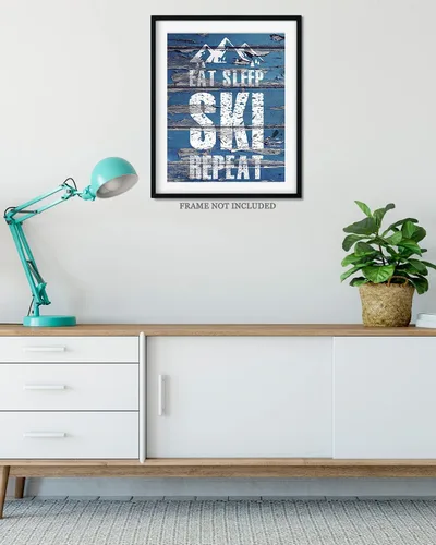 Miniatura 4 de Eat Sleep Ski Repeat Wall Decor Art Print sobre un fondo de madera azul – 11x14 sin marco con tema de esquí – Gran regalo para familiares y amigos