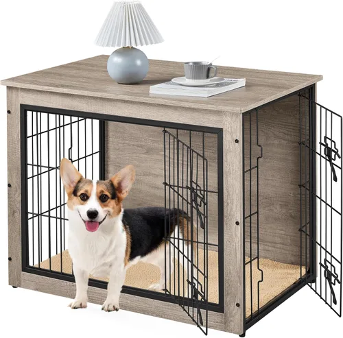 Miniatura 10 de Yaheetech 32" Mesa auxiliar de jaula para perros con cojín, jaula de madera para perros con puertas dobles/pies ajustables, mesa auxiliar lateral