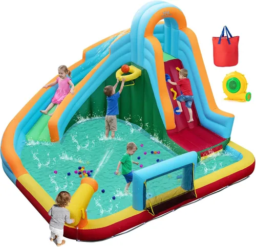 Miniatura 11 de Boundtech - Casa inflable para saltar, para usar en la alberca, con dos toboganes, pared de escalada, aro de baloncesto, alberca para sambullirse