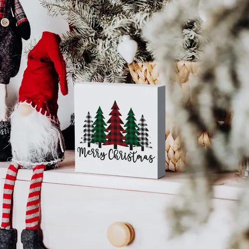 Miniatura 4 de Cartel de madera con diseño de árboles de Navidad divertidos, caja de madera con texto en inglés «Merry Christmas», arte rústico, estante