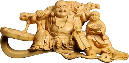 Miniatura 7 de Estatua de Buda Maitreya Maitreya tallada a mano de boj natural (ventilador de bolsa de tela)