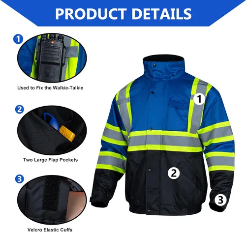 Miniatura 5 de FONIRRA Chaqueta de alta visibilidad para hombre, impermeable, reflectante, con capucha, de alta visibilidad, para el invierno, abrigo de seguridad