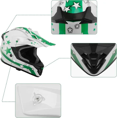 Miniatura 8 de XFMT - Juego de casco DOT con gafas y guantes para motocross, cuatrimoto y vehículos todoterreno para niños y jóvenes, casco Mx, estrella verde