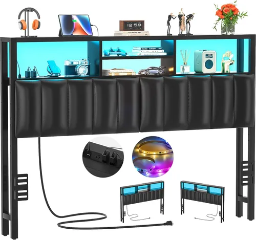 Miniatura 11 de Cabecero Aheaplus para Cama Individual con Almacenamiento, Cabeceros con Enchufes, Puertos USB y Luz LED, Cabecero Individual Solo, Altura