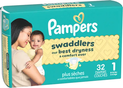 Miniatura 16 de Pampers Pañales Swaddlers, talla 1 (8-14 libras), 32 unidades, hipoalergénicos, absorbentes, mantiene al bebé seco y cómodo, desechable, seguro
