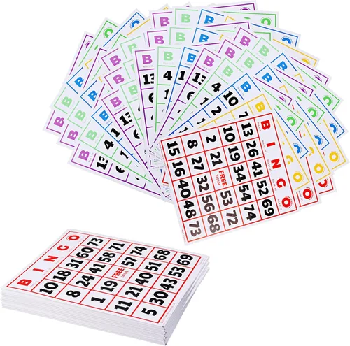 Miniatura 8 de GSE Games & Sports Expert Paquete de 100 tarjetas de juego de bingo multicolor con números de fácil lectura, hojas de bingo de papel reutilizables