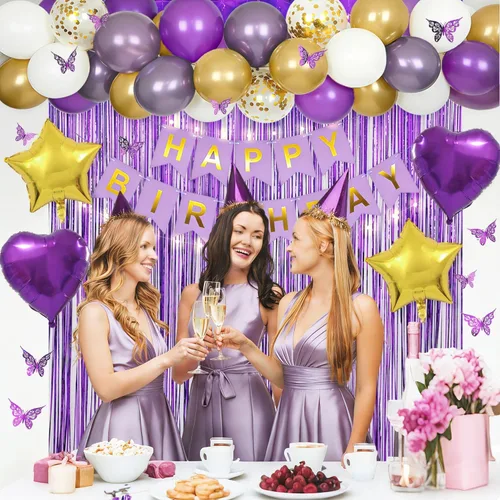 Miniatura 3 de Decoraciones de cumpleaños moradas para mujer con pancarta de feliz cumpleaños, cortinas, mariposa, globos de estrella de corazón y luz LED