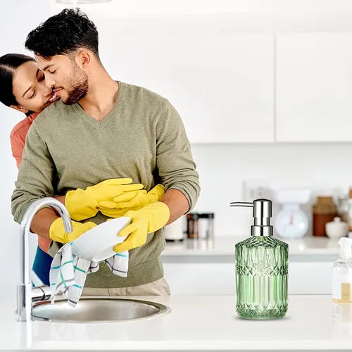 Miniatura 4 de Diamond Design - Dispensador de jabón de vidrio verde de 12 onzas, dispensador de jabón de loción recargable para baño, cocina, jabón de manos