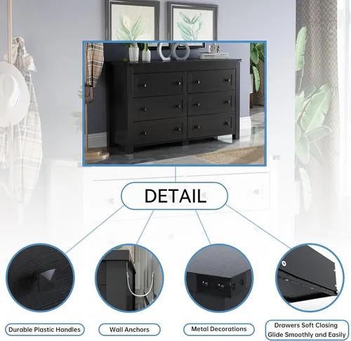 Miniatura 5 de HUANLEGO Cómoda negra para dormitorio con 6 cajones, cómoda moderna, cómoda de madera, muebles de dormitorio, amplio organizador de almacenamiento