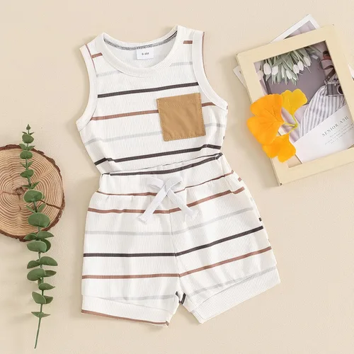 Miniatura 73 de Ropa de bebé niño sin mangas + pantalones cortos con estampado a rayas con bolsillos, 2 piezas de trajes de verano