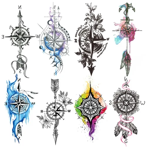 Miniatura 11 de 8 hojas de tatuajes temporales negros con flechas, brújulas, plumas, dragones, anclas, espadas, serpientes, árboles y flores para el brazo