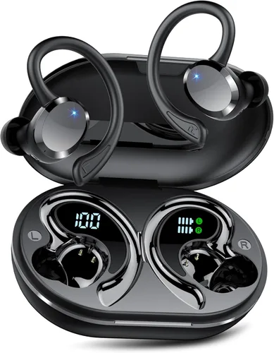 Miniatura 7 de hadbleng Auriculares inalámbricos con Bluetooth con pantalla digital LED de 128 horas de reproducción, gancho sobre la oreja con micrófono, sonido