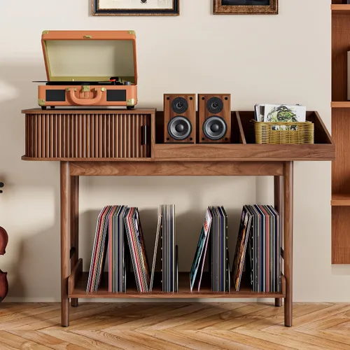 Miniatura 3 de Soporte para tocadiscos moderno de mediados de siglo, almacenamiento de discos de vinilo con puertas corredizas acanaladas, mesa grande