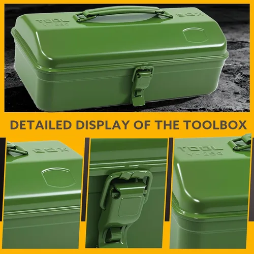 Miniatura 5 de Caja de herramientas de metal portátil verde militar, estilo de techo de cadera con cierre de cierre de metal, pecho de herramienta para taller