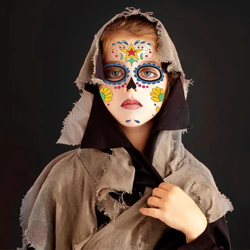 Miniatura 5 de 9 hojas de tatuajes temporales para el Día de los Muertos Día de los Muertos, tatuaje temporal de La Catrina, tatuaje falso de calavera para mujeres