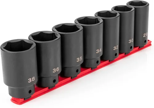 TEKTON SID92101 Juego de llaves de impacto de tuerca de eje de 6 puntos de 1/2 pulgada con riel, 7 piezas (1.142-1.496 in) | SID92101