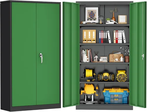 Miniatura 11 de Greenvelly Armario de almacenamiento de metal de 72 pulgadas de alto con 2 puertas y 4 estantes ajustables, gabinete de metal negro con cerradura