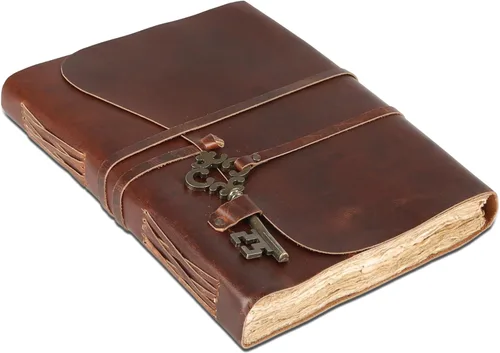 Miniatura 28 de Diario de cuero con papel de borde picoteado de 17,78x12,7 cm y llave vintage Cuaderno de escritura hecho a mano Cuaderno diario encuadernado
