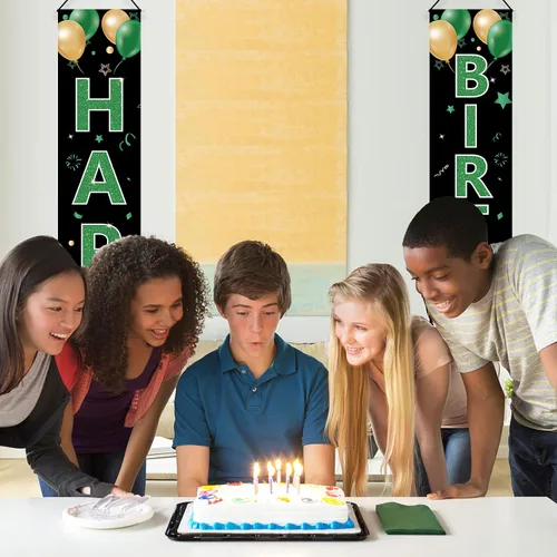 Miniatura 6 de Cartel verde para puerta de cumpleaños para mujeres y hombres, letrero de feliz cumpleaños verde negro dorado para porche, suministros de fiesta